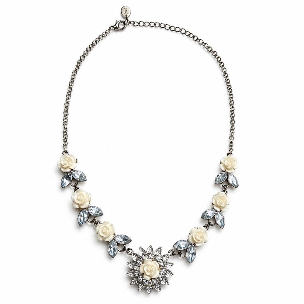Icing Brand Cream Rose and Clear Rhinestone Statement Necklace
